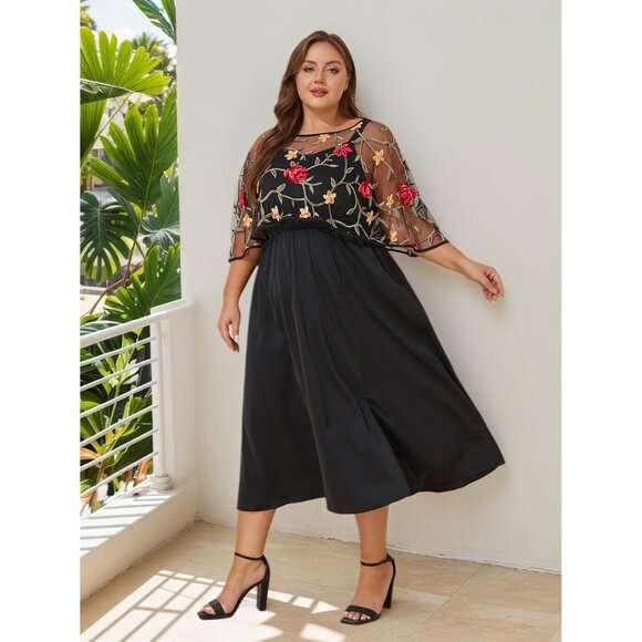 Women Plus Size Formal Dress With Embroidered Shawl and Pockets - Picture 5 of 8